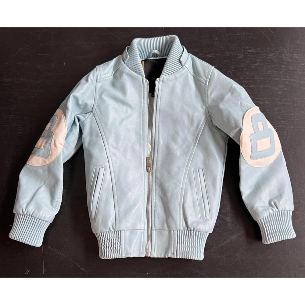 Robert Phillipe Light Blue Faux Leather Bomber Jacket Size 6